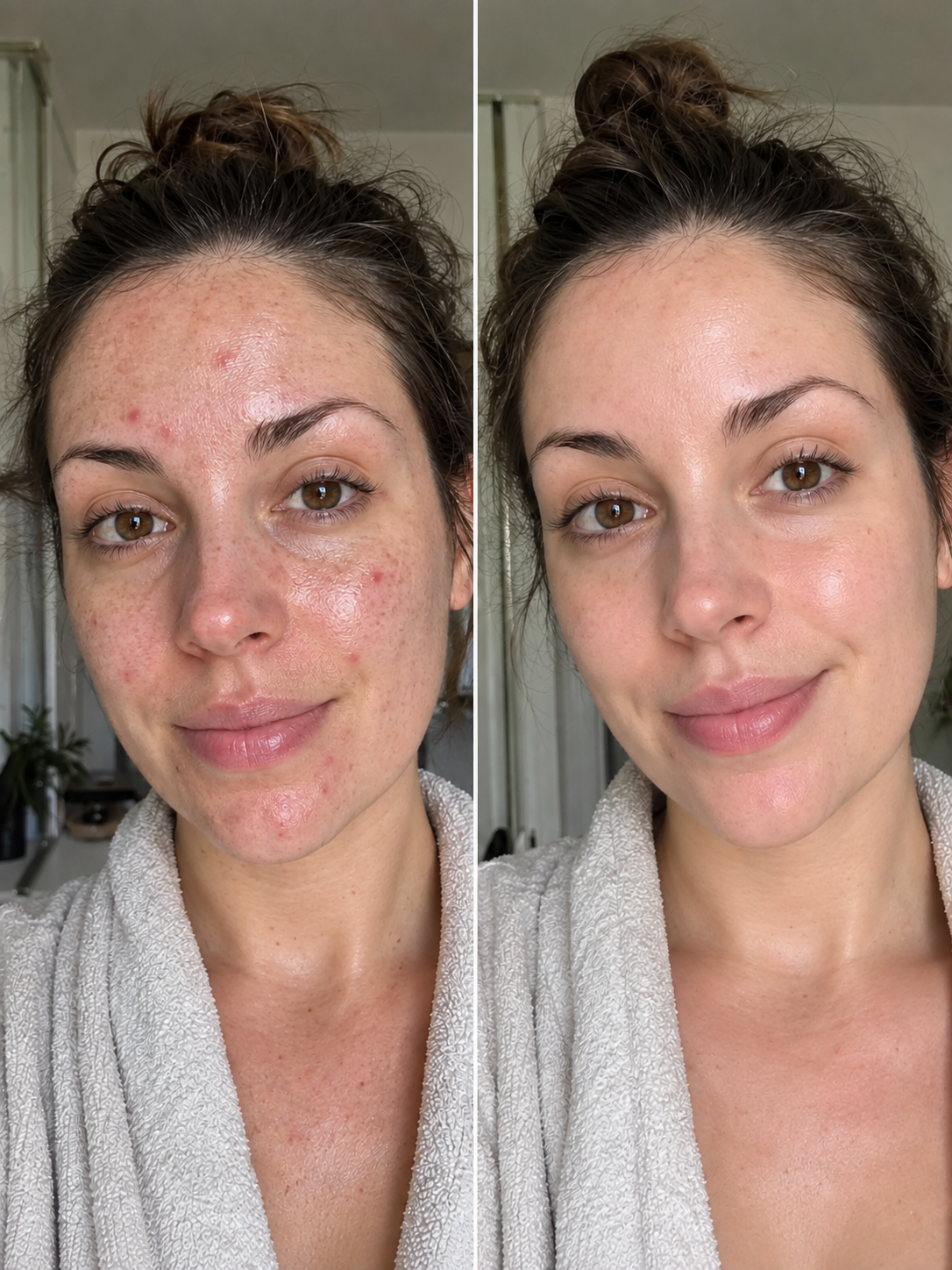 Bathroom before-and-after skincare comparison with a more balanced look