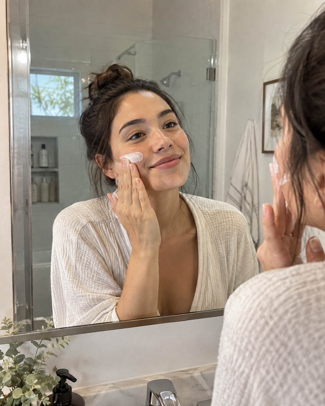 Woman applying cream in front of a mirror